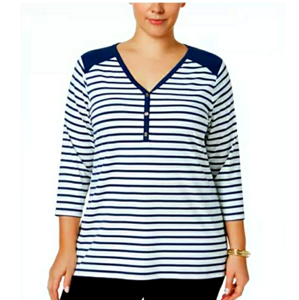 NWT ☆Plus Size ☆Charter Club ☆Stripe Henley 3/4 Sleeve 0X Top☆$69.99 retail